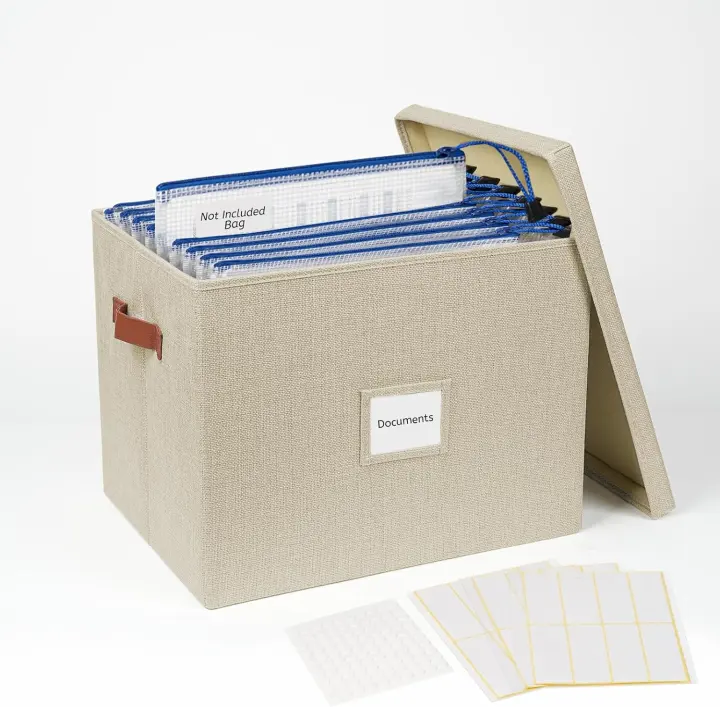 Foldable Linen File Storage Box with Lid — Beige