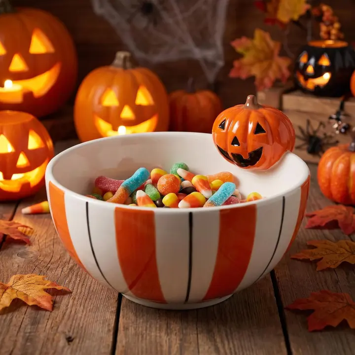 Hand-Painted Pumpkin & Ghost Ceramic Halloween Candy Bowl