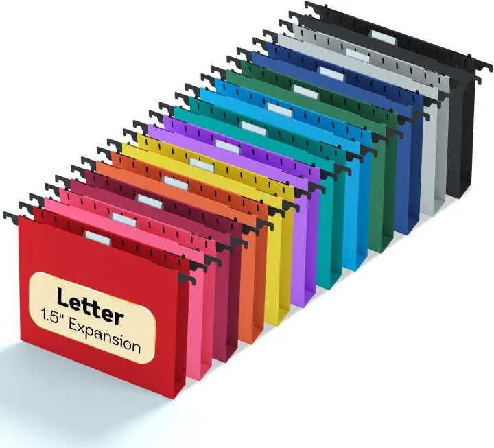 Heavy-Duty Plastic Hanging File Folders — 12-Color, 1.5" Expandable