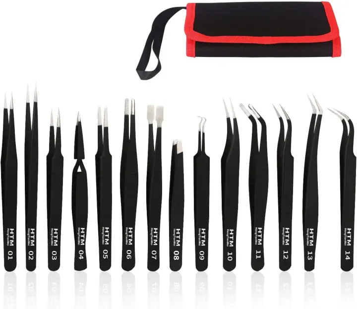 HengTianMei 14-Piece Precision Stainless Steel Tweezers Set (ESD)