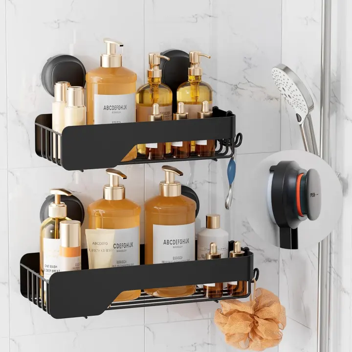 LEVERLOC Suction-Cup Shower Caddy — Visual Safety Shelves (Black)