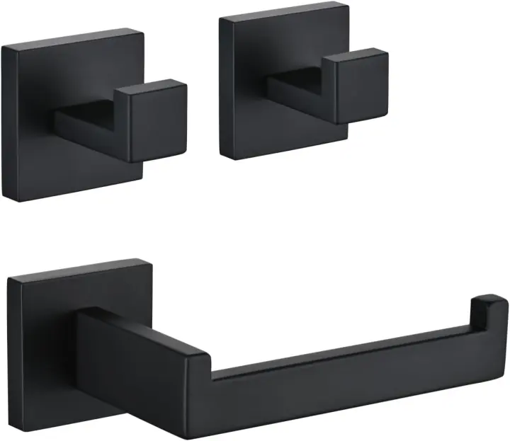 Matte Black Toilet Paper Holder Set with Two Square Robe Hooks