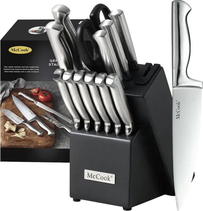 McCook 15-Piece Kitchen Knife Block Set with Built-In Sharpener