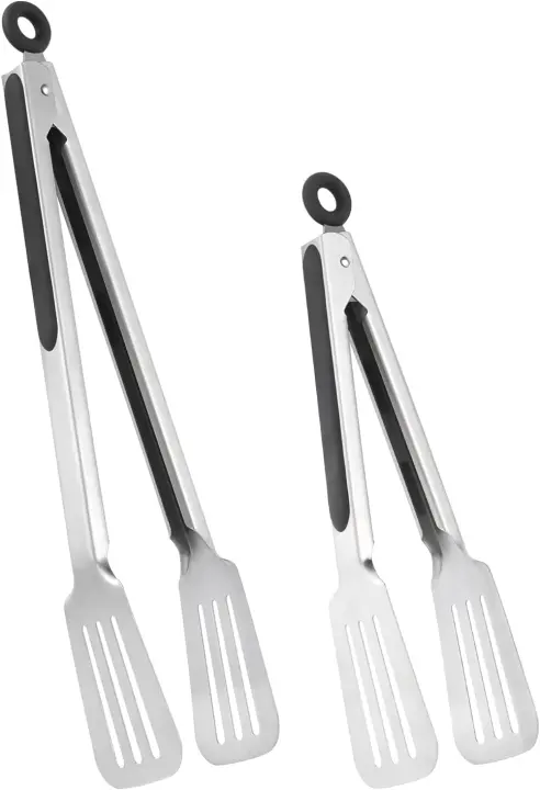 Metal Spatula Cooking Tongs Set — 9in & 12in Grilling Tongs (Black)