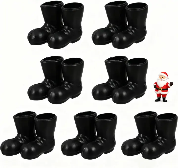 Mini Santa Boots — 7 Pairs 1.18" Black Plastic Doll Shoes