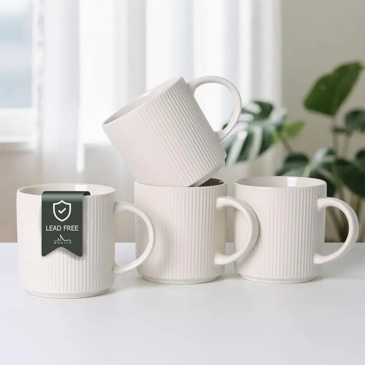 MONITO 16oz Ceramic Coffee Mugs — Rustic 4-Piece Set with Handle