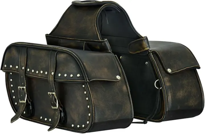 Naked Cowhide Leather Motorcycle Saddle Bags — Studded Throw-Over Side Bags