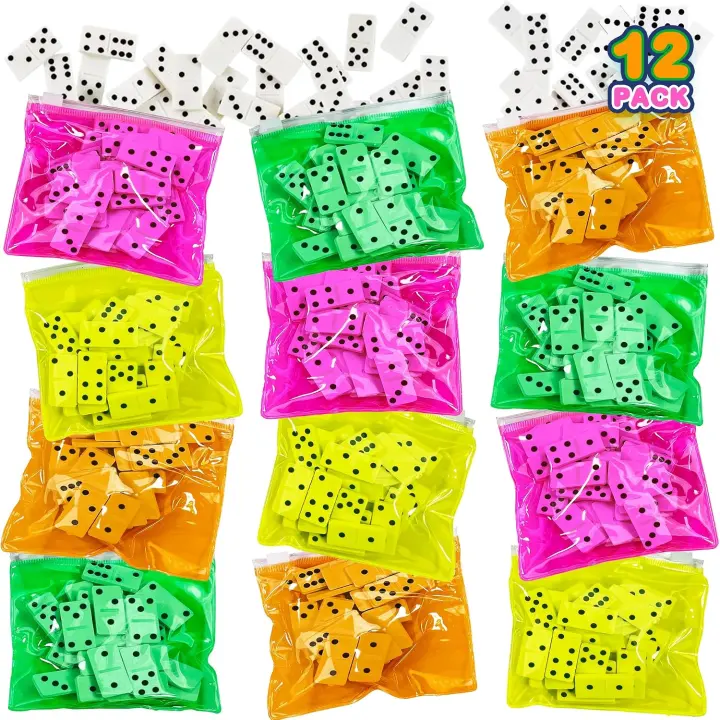 Neon Mini Domino Game Sets — 12-Pack, 28 Tiles per Pouch