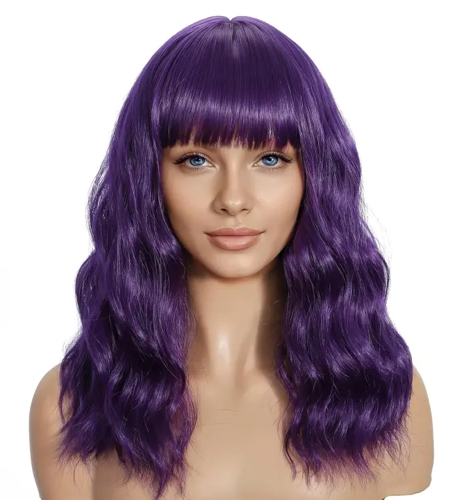 Pastel Purple Shoulder-Length Bob Wig with Bangs — Synthetic