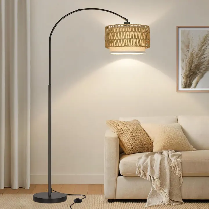 Rattan Arc Floor Lamp — Adjustable Standing Pole Light
