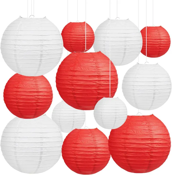 Red & White Hanging Paper Lanterns — 12-Pack (6", 8", 10")