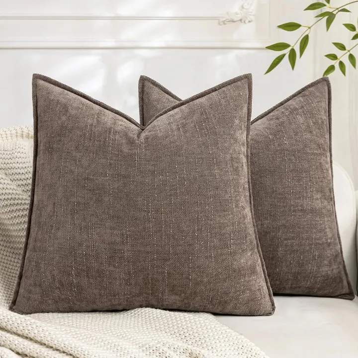 Set of 2 Taupe Chenille Throw Pillow Covers 18x18 Inch