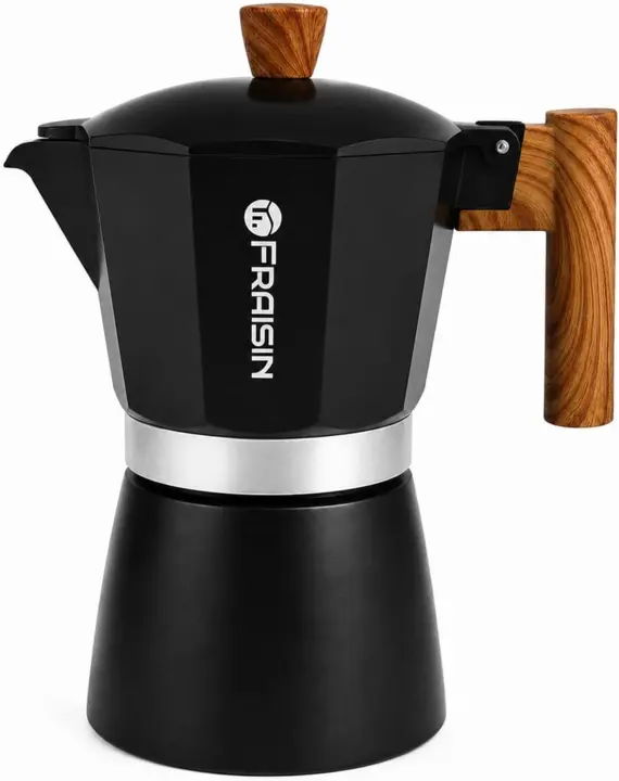 Stovetop Espresso Moka Pot Coffee Maker — Cast Aluminum, Wood-Grain Handle (9-Cup)