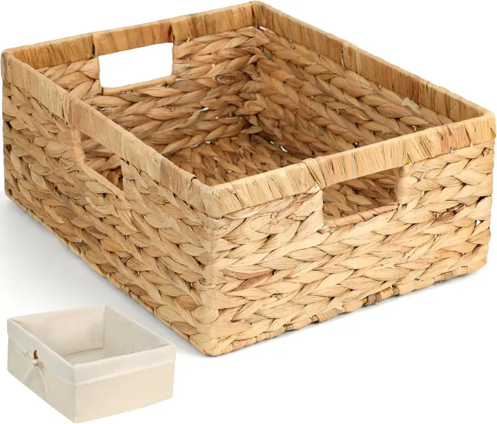 Woven Water Hyacinth Shelf Storage Baskets with Handles & Liner
