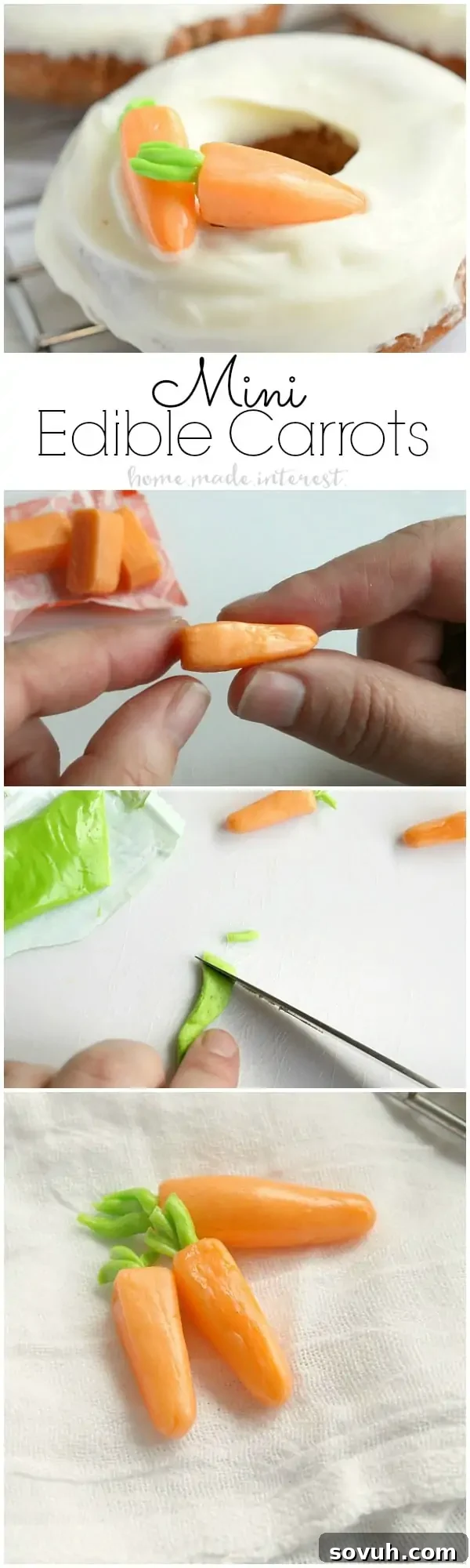 These mini edible carrots are a super cute Easter dessert decoration! You can add them to carrot cake or Easter cupcakes for a little extra Easter recipe fun :). You can even use the same technique to make other miniature fruit and vegetable decorations for other desserts. 