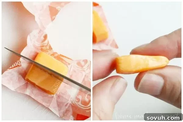 These mini edible carrots are a super cute Easter dessert decoration! You can add them to carrot cake or Easter cupcakes for a little extra Easter recipe fun :). You can even use the same technique to make other miniature fruit and vegetable decorations for other desserts.