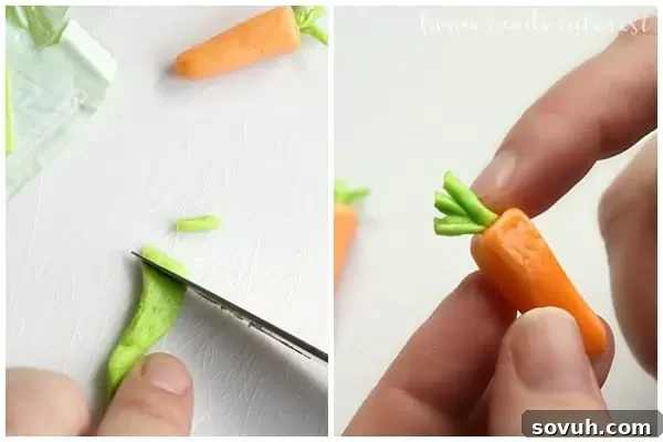 These mini edible carrots are a super cute Easter dessert decoration! You can add them to carrot cake or Easter cupcakes for a little extra Easter recipe fun :). You can even use the same technique to make other miniature fruit and vegetable decorations for other desserts.