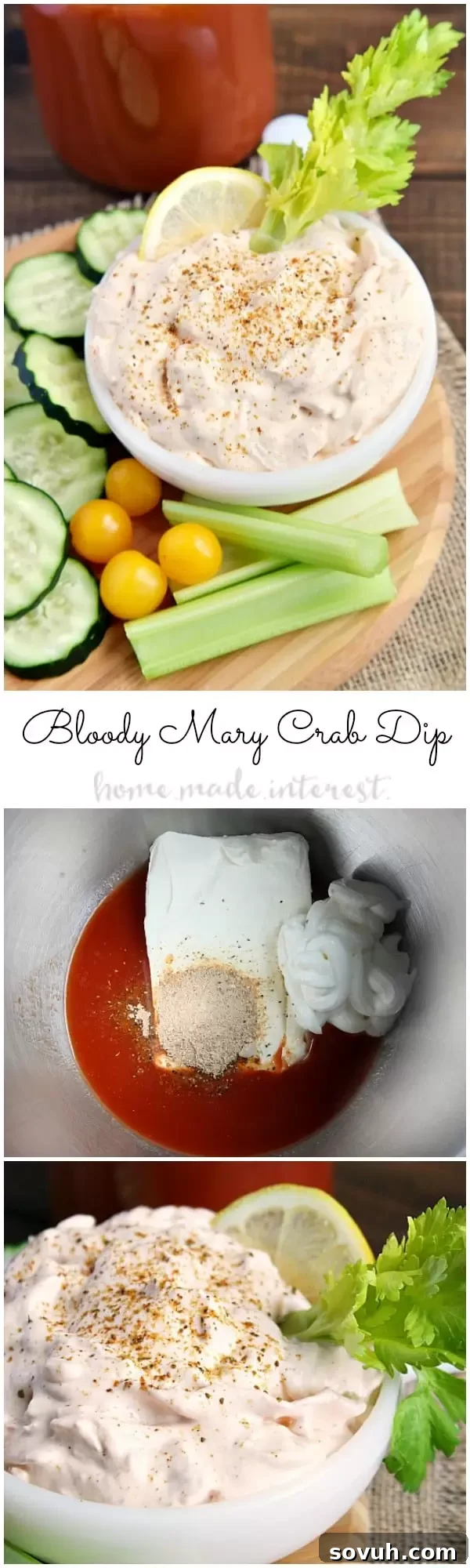A vibrant, creamy Bloody Mary Crab Dip in a serving bowl, garnished with celery and lemon, surrounded by crackers and fresh vegetables, ready for a party appetizer.