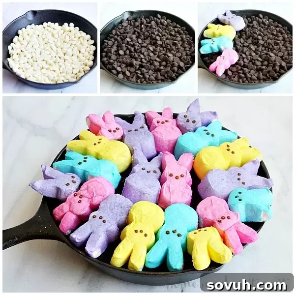 Step-by-step assembly of Easter Peeps S'mores Dip, showing layers of white and dark chocolate chips topped with colorful bunny Peeps in a skillet before baking.