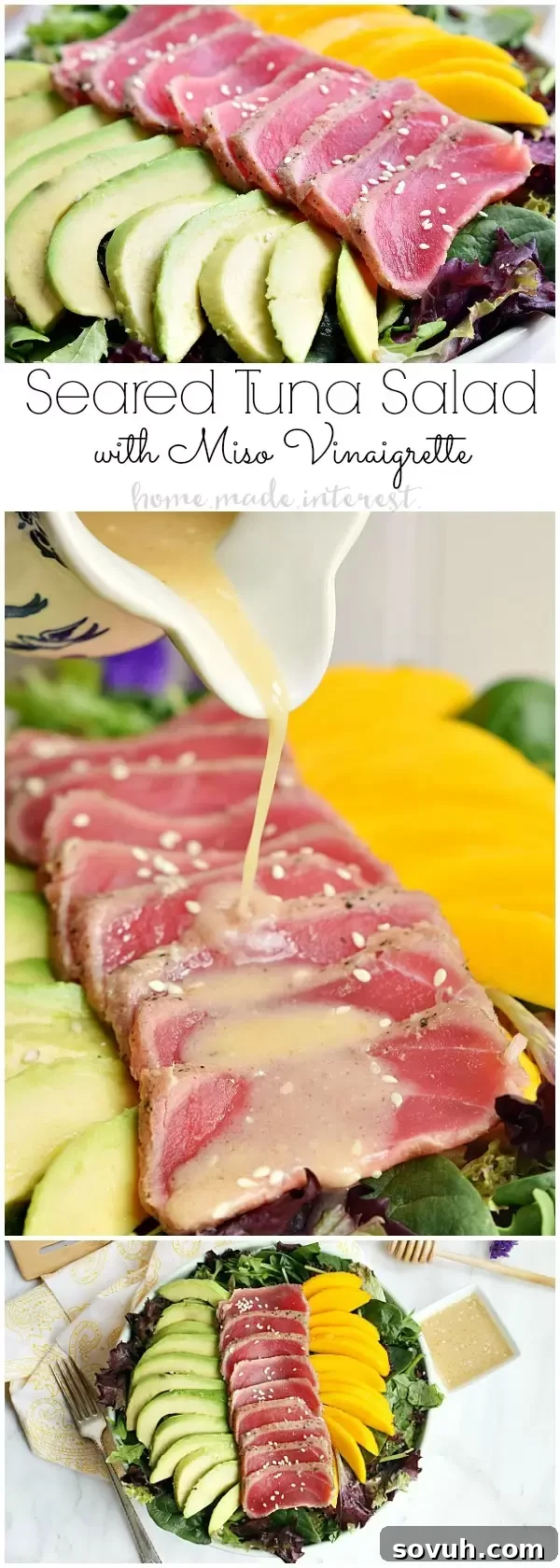 This light and fresh seared tuna salad is a healthy lunch option mixed with mangoes and avocados and topped with a Miso vinaigrette.