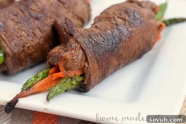 Plated Balsamic Steak Roll Ups, showcasing the delicious combination of steak and vegetables, ready to be served.