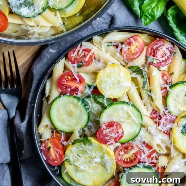 easy One Pot Summer Vegetable Pasta dinner with fresh summer vegetables