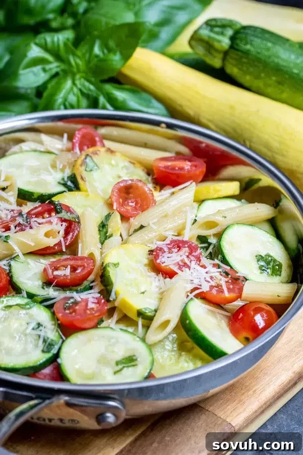skillet One Pot Summer Vegetable Pasta cooking