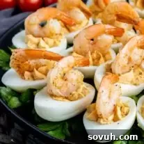 Close up of shrimp cocktail deviled eggs on a plate
