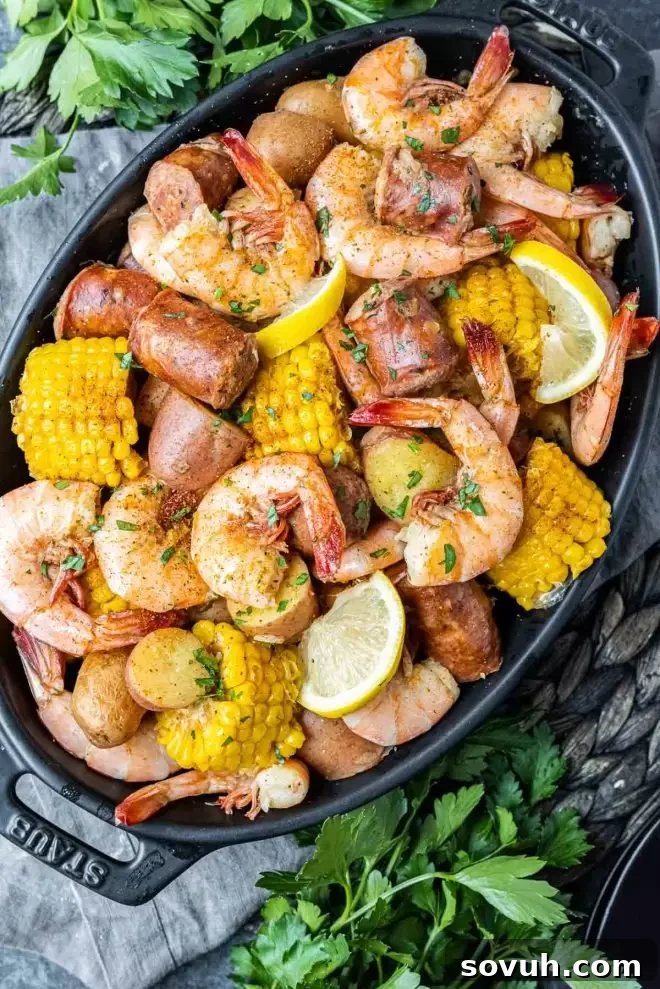 Instant Pot Shrimp Boil in a platter with corn