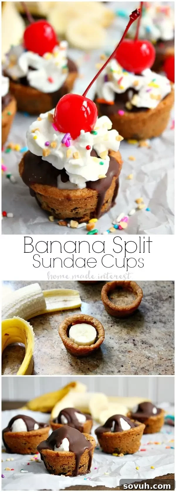 These easy banana split cookie cups are perfect for summer parties...or just a fun dessert for your family! Delicious cookie dough baked into cups and filled with chocolate, banana slices, whipped cream and of course a cherry on top. Who needs a plain old sundae when they could have a banana sundae cookie cup!