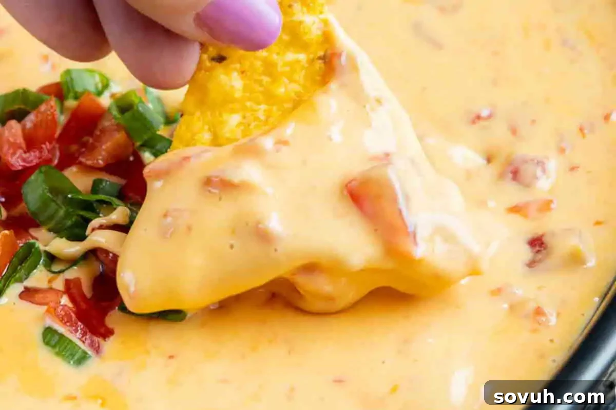 A hand dips a tortilla chip into creamy cheese sauce, topped with chopped tomatoes and green onions.
