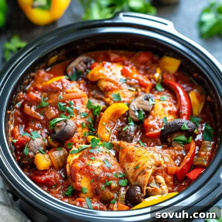 A close-up of a Slow Cooker Chicken Cacciatore, featuring chicken pieces, bell peppers, mushrooms, and tomato sauce, garnished with fresh herbs.