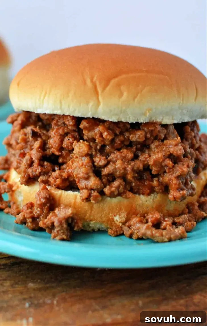 A sloppy joe sandwich with ground meat in a tomato-based sauce is served on a soft bun placed on a blue plate—an ideal addition to your summer crock pot recipes.
