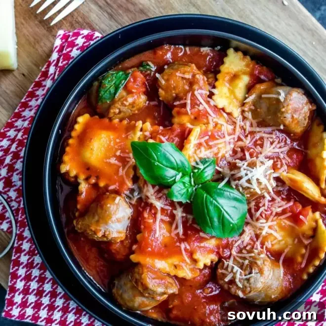 bowl of Ravioli and Sausage Slow Cooker Casserole