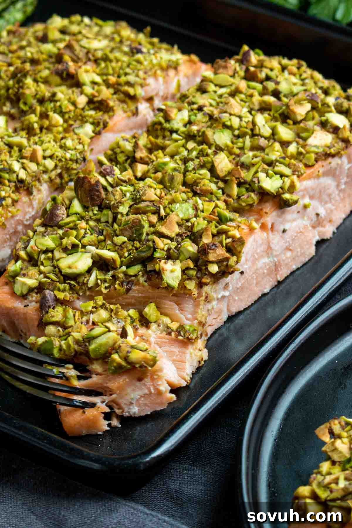 fork in Pistachio crusted salmon