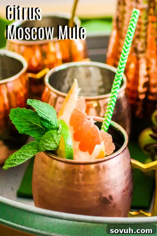 Close-up of a Citrus Moscow Mule with citrus slices and a straw