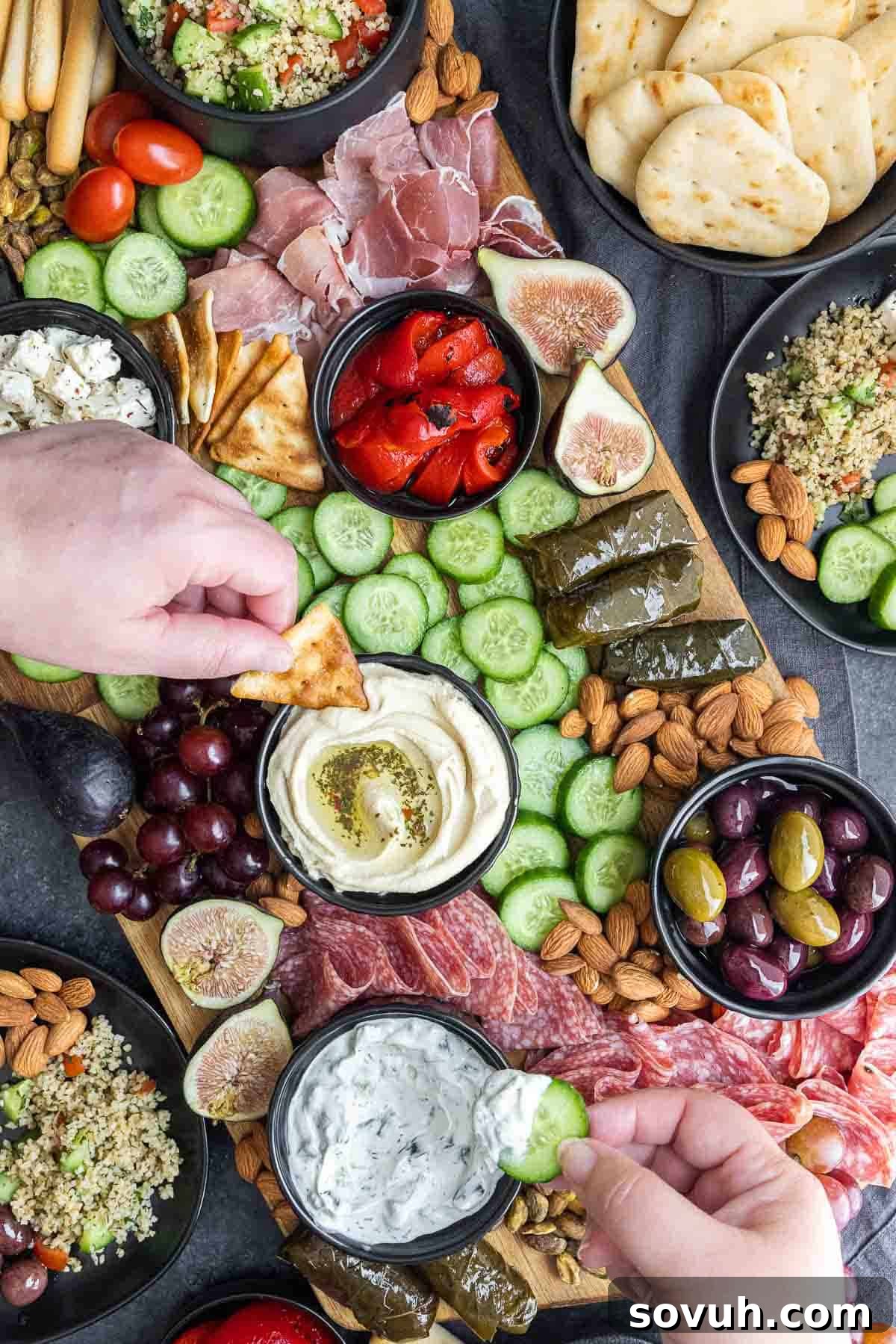 Creamy hummus served within a bountiful Mediterranean Mezze Platter