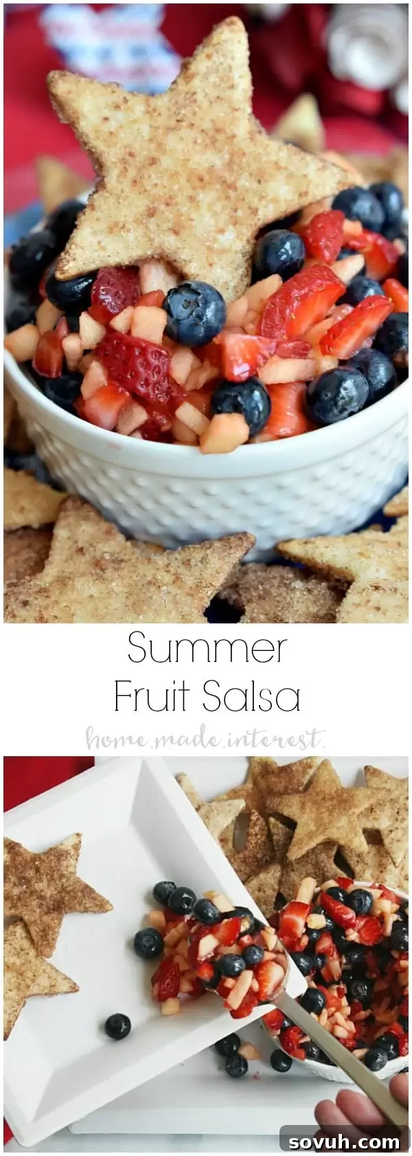 Vibrant Summer Fruit Salsa with blueberries, diced apples, and strawberries, served with golden-brown star-shaped cinnamon chips, perfect for Memorial Day, 4th of July, and Labor Day celebrations.
