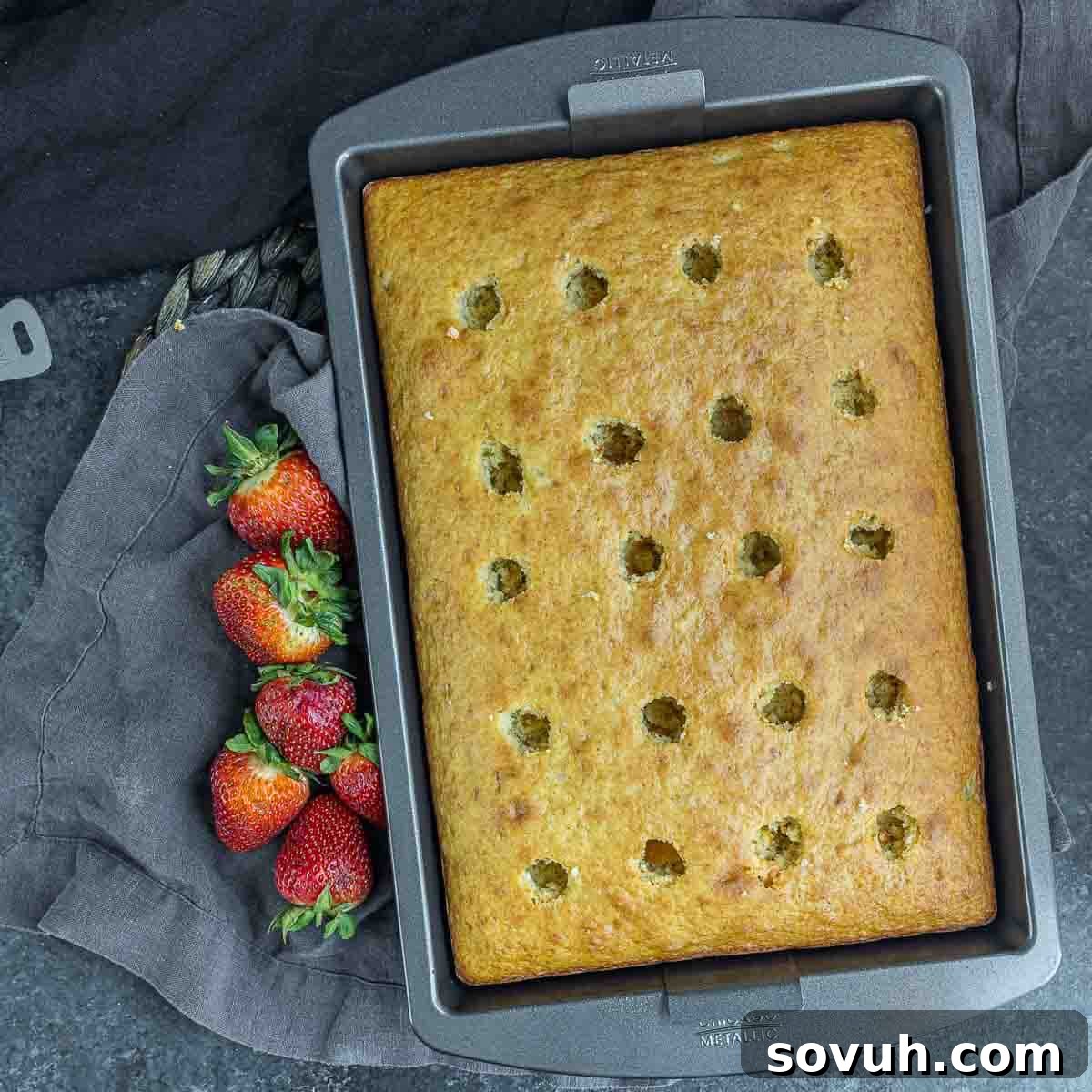 holes poked in Banana Split Cake