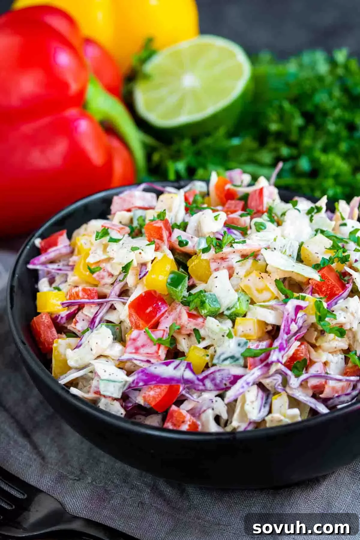 Spicy Jalapeno Coleslaw in a black bowl, garnished with fresh bell pepper strips and lime wedges, emphasizing its vibrant, zesty appeal.