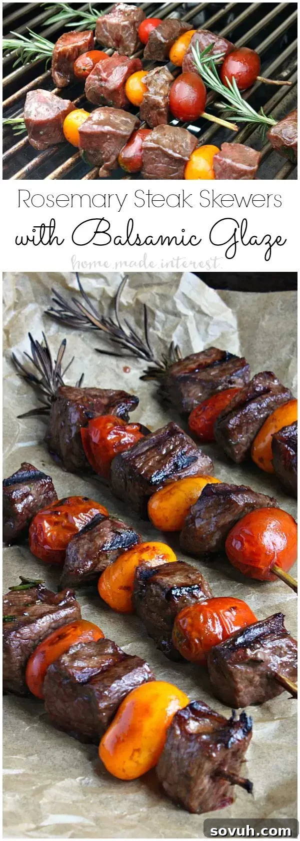 Perfectly grilled Balsamic Glazed Rosemary Steak Skewers with cherry tomatoes, showcasing the rich color and succulent texture of Angus sirloin steak marinated in a flavorful balsamic glaze. Ideal for summer cookouts and special occasions like Father's Day.
