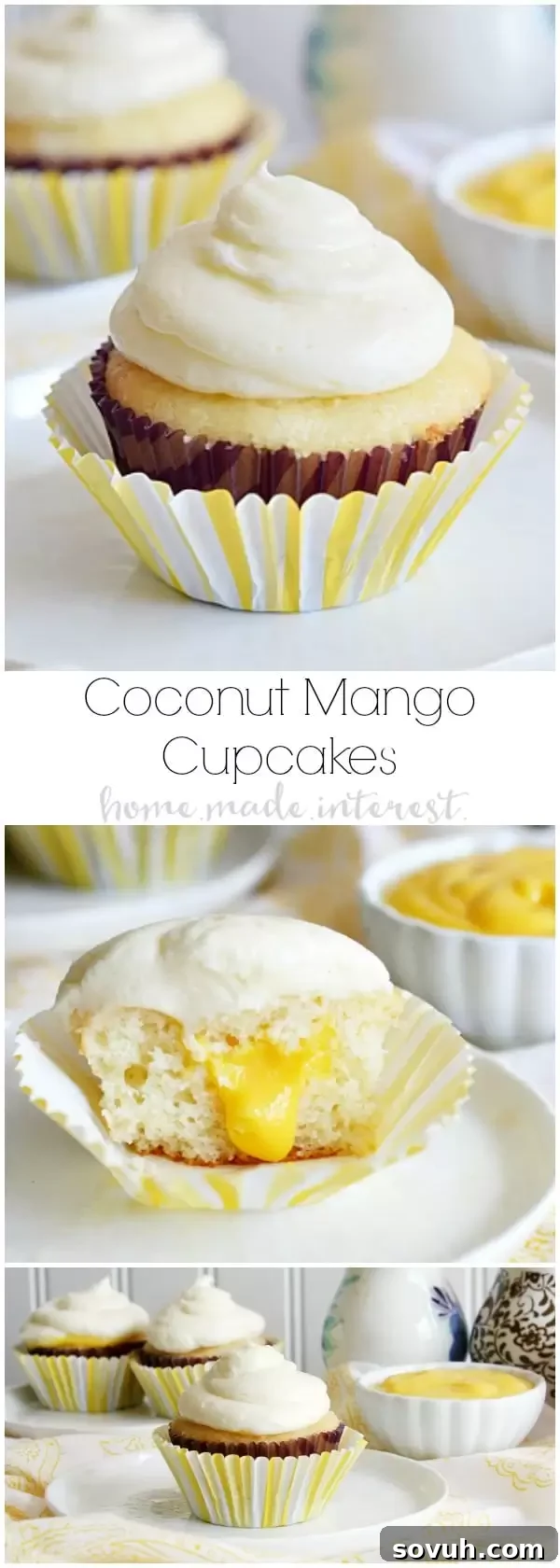 Soft and fluffy coconut mango cupcakes with creamy frosting and tangy mango curd filling, garnished with coconut flakes – a perfect tropical dessert.