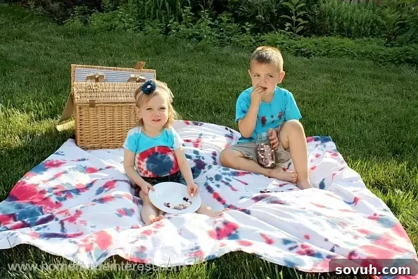 Children enjoying a picnic on a vibrant red, white, and blue tie-dye picnic blanket, celebrating the 4th of July.