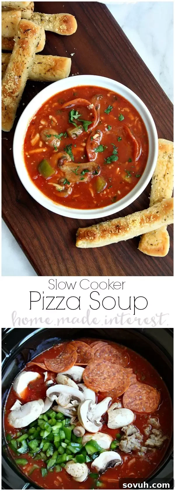 Slow Cooker Pizza Soup: A delicious crock pot tomato soup with classic pizza flavors, melted mozzarella, and your favorite toppings, perfect for busy families.