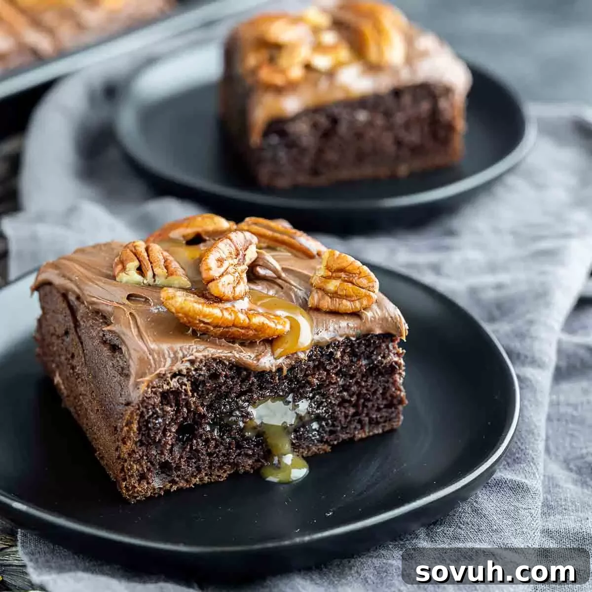 Delicious Chocolate Turtle Poke Cake on a plate, showcasing its moist texture, rich caramel filling, and crunchy pecan topping.