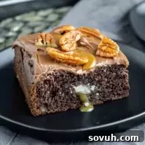 Chocolate Turtle Cake on a black plate