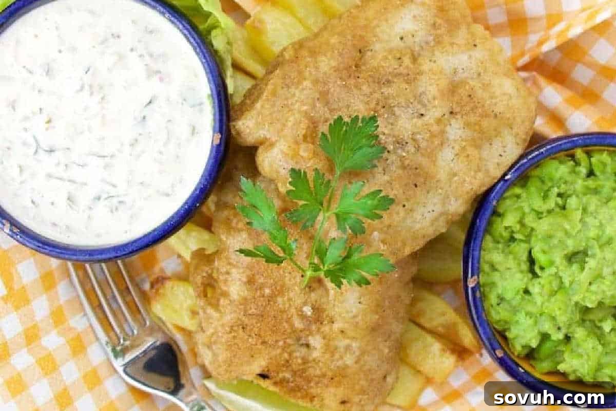 Classic Beer-Battered Fish and Chips, featuring crispy golden fried fish alongside perfectly cooked chips, served with creamy tartar sauce and vibrant mushy peas, garnished with fresh parsley on a traditional checkered cloth.