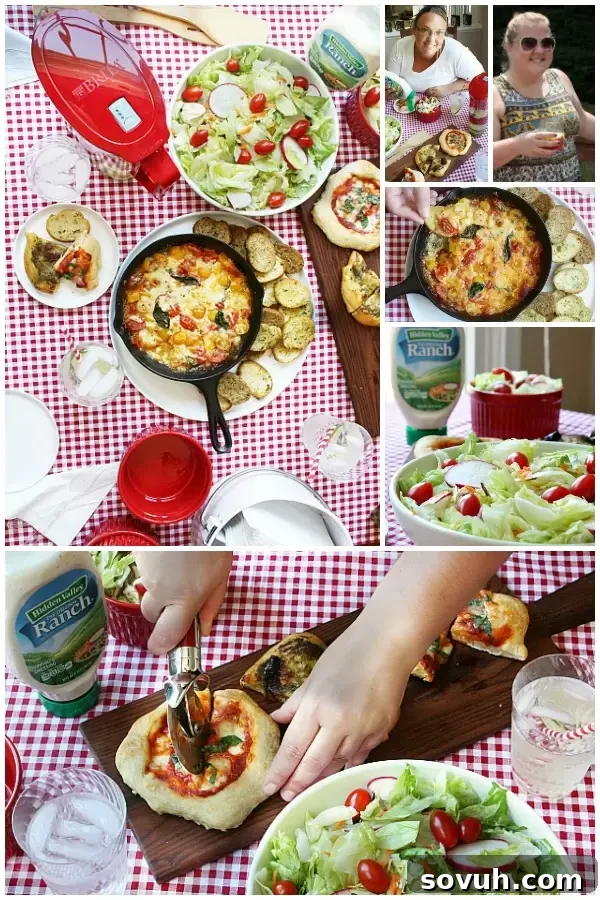 A collage of delicious food for an adult pizza party, including individual homemade pizzas, a fresh green salad, and the star appetizer, Baked Caprese Dip with bread.