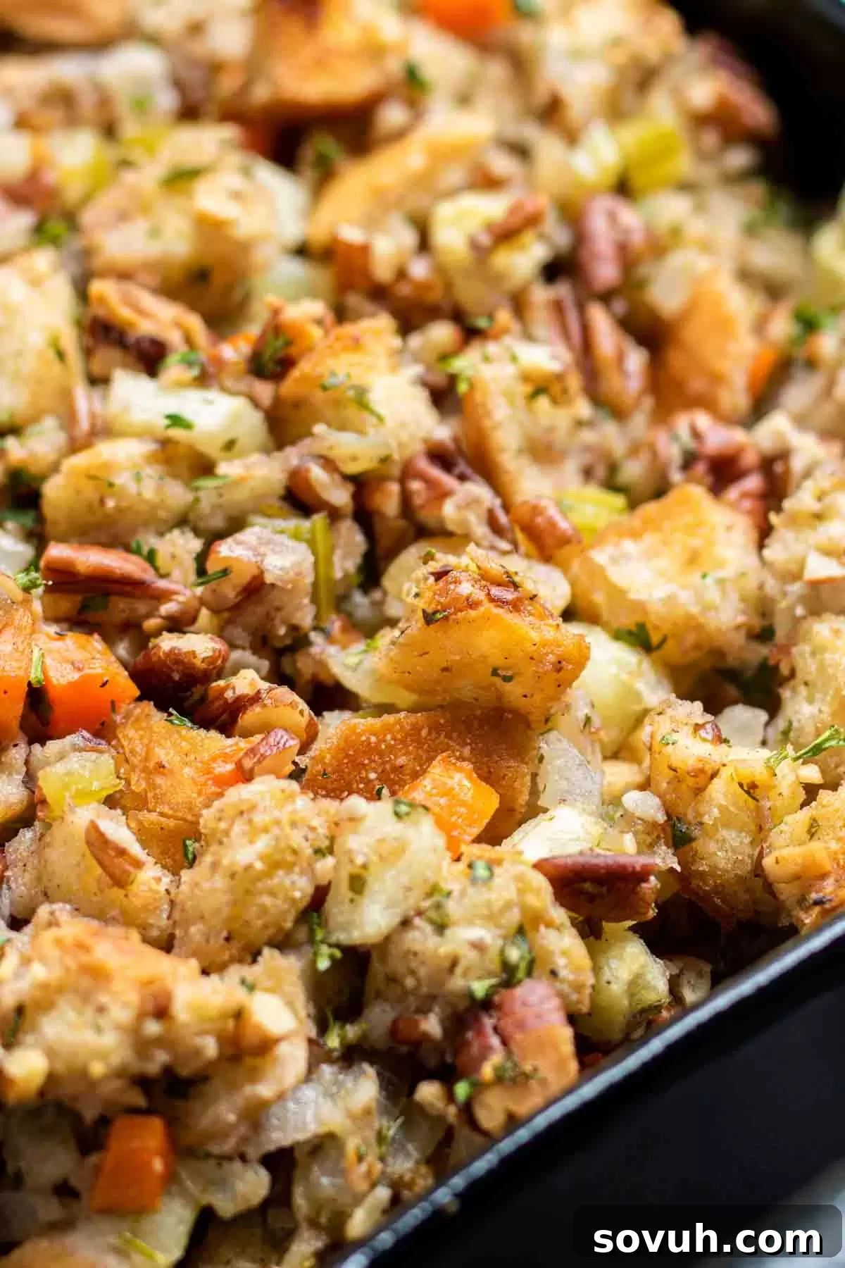 pecan apple stuffing in a dish