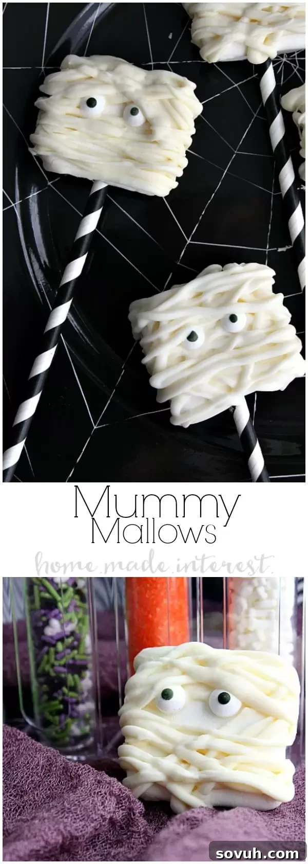 Phantom Puffs 2 Adorable Mummy Marshmallows, an easy Halloween treat for parties and kids.